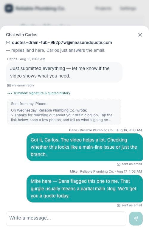 The chat pane with the reply address and a trimmed email reply