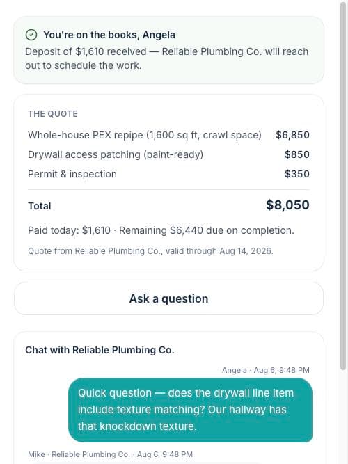 The booked confirmation showing the deposit received