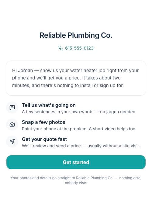The landing page a customer sees when opening their link