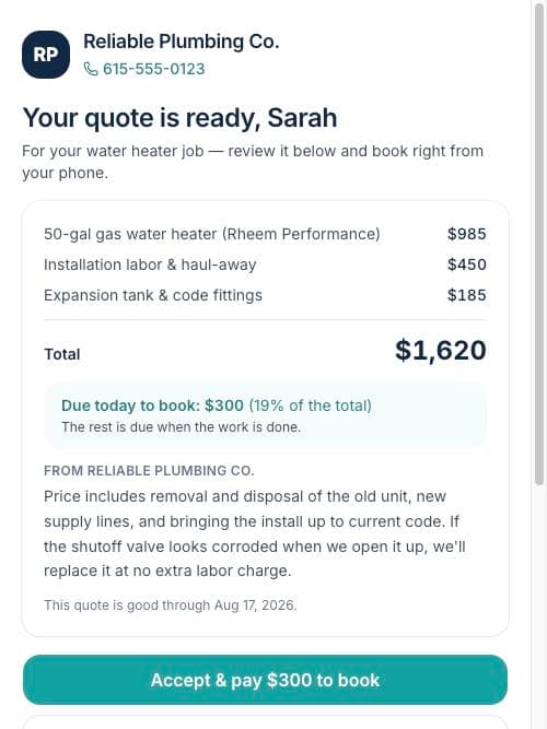 A customer quote with line items, total, and deposit callout
