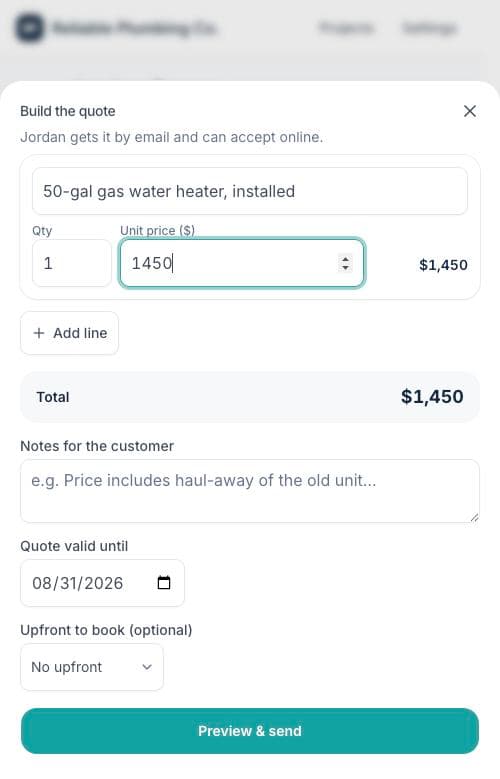The quote builder with a line item